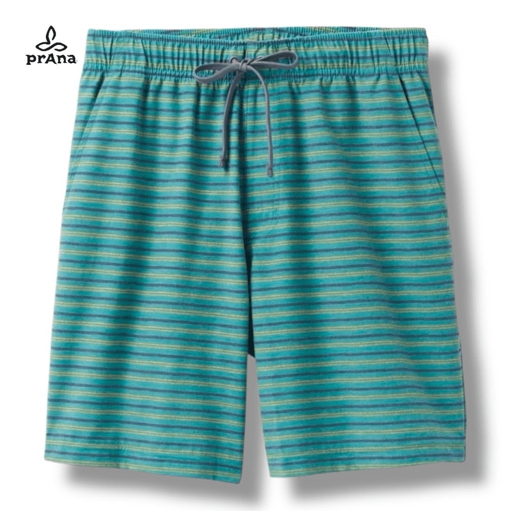 Prana Metric E-Waist Shorts Mens XL Cove Stripe Teal Blue Green Hybrid 8" Inseam